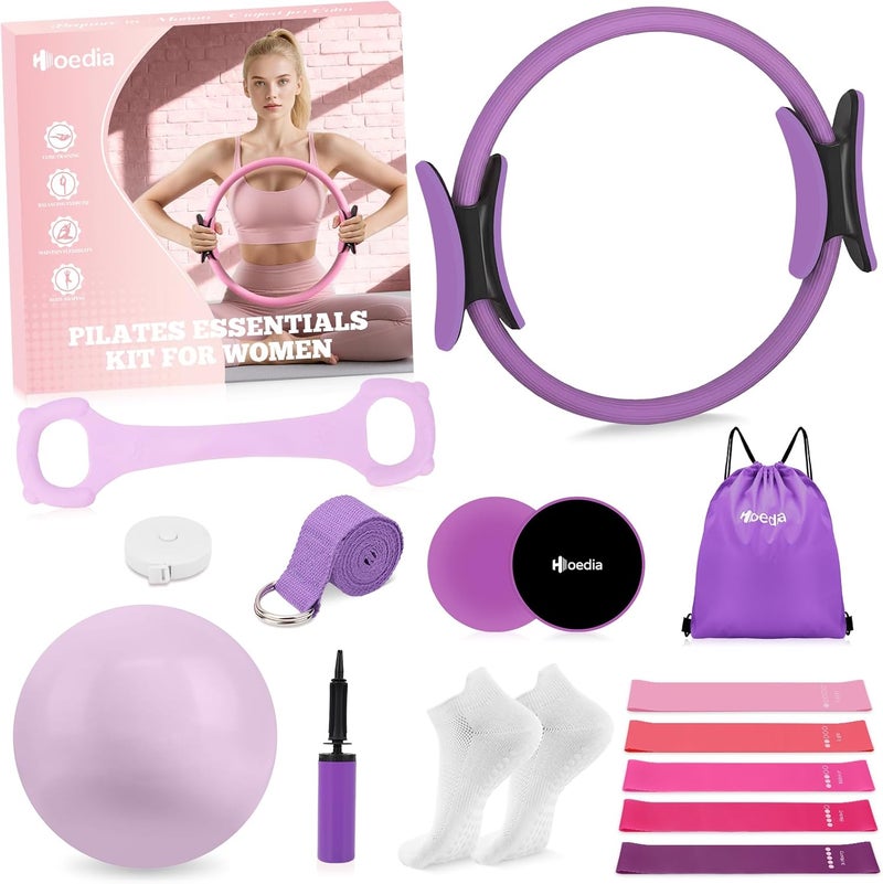 Hoedia 17 PCS Pilates Kit for Women, Pilates Equipment Ring and Ball Set with Resistance Bands, Yoga Strap, Core Sliders, Socks, Bag & Guide for Starter Home Workout Fitness Gym Essentials - Image 1
